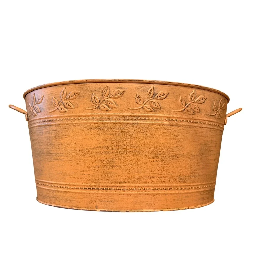Princess House Rustic Orange Embossed Leaf Metal Oval Beverage Tub